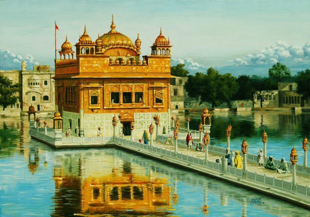 Golden Temple Size 4.5x3 Feet Oil On Canvas - Handmade Paintings